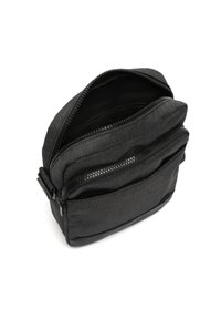 Črna tkaninska torba z dvema zadrgama, teksturirano površino in kompaktno pravokotno obliko. Trajna in lahka zasnova.