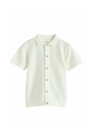 Light cream short-sleeve polo shirt made of airy knitted fabric, featuring a button-down front and a classic collar design.