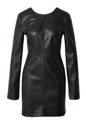 Zwarte leren jurk met een aansluitende silhouet, lange mouwen en een ronde halslijn. Bevat zichtbare naden en een gladde, glanzende textuur.
