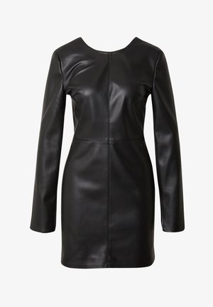 Schwarzes Lederkleid mit einer figurbetonten Silhouette, langen Ärmeln und einem runden Ausschnitt. Verfügt über sichtbare Nähte und eine glatte, glänzende Textur.