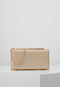 Clutch bag in rete dorato con forma rettangolare, cintura a catena e design a guscio rigido. Presenta una superficie texturizzata e accenti metallici.