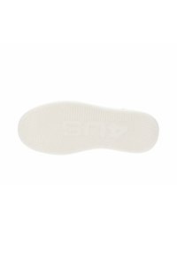 Semelle en caoutchouc blanche avec grip texturé, dotée d'un logo central et de motifs géométriques. Finition lisse avec des éléments en relief pour une adhérence optimale.