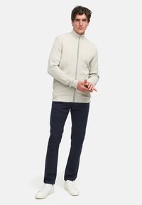 Lichtgrijze, gebreide zip-up trui met hoge hals, gecombineerd met marineblauwe broek en witte sneakers. De trui heeft een contrasterende ritsdetail.