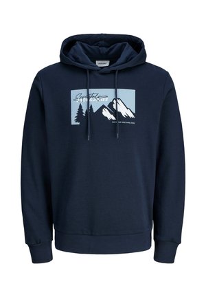 Navy blue hoodie with a front graphic featuring mountains and trees, drawstrings, and ribbed cuffs and hem. Made from soft, textured fabric.