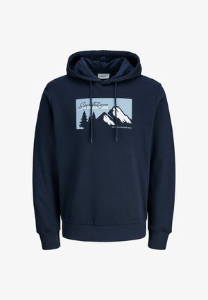 Sudadera azul marino con un gráfico frontal que presenta montañas y árboles, cordones y puños y dobladillo acanalados. Fabricada con un tejido suave y texturizado.