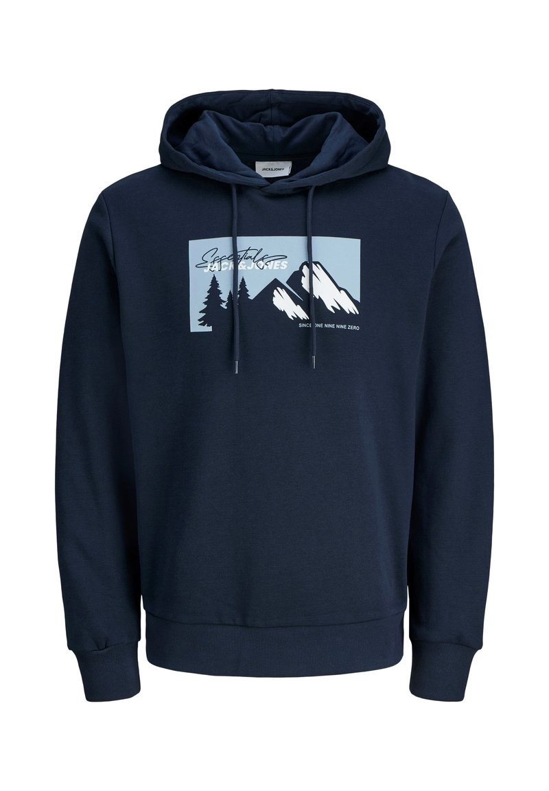 Sudadera azul marino con un gráfico frontal que presenta montañas y árboles, cordones y puños y dobladillo acanalados. Fabricada con un tejido suave y texturizado.