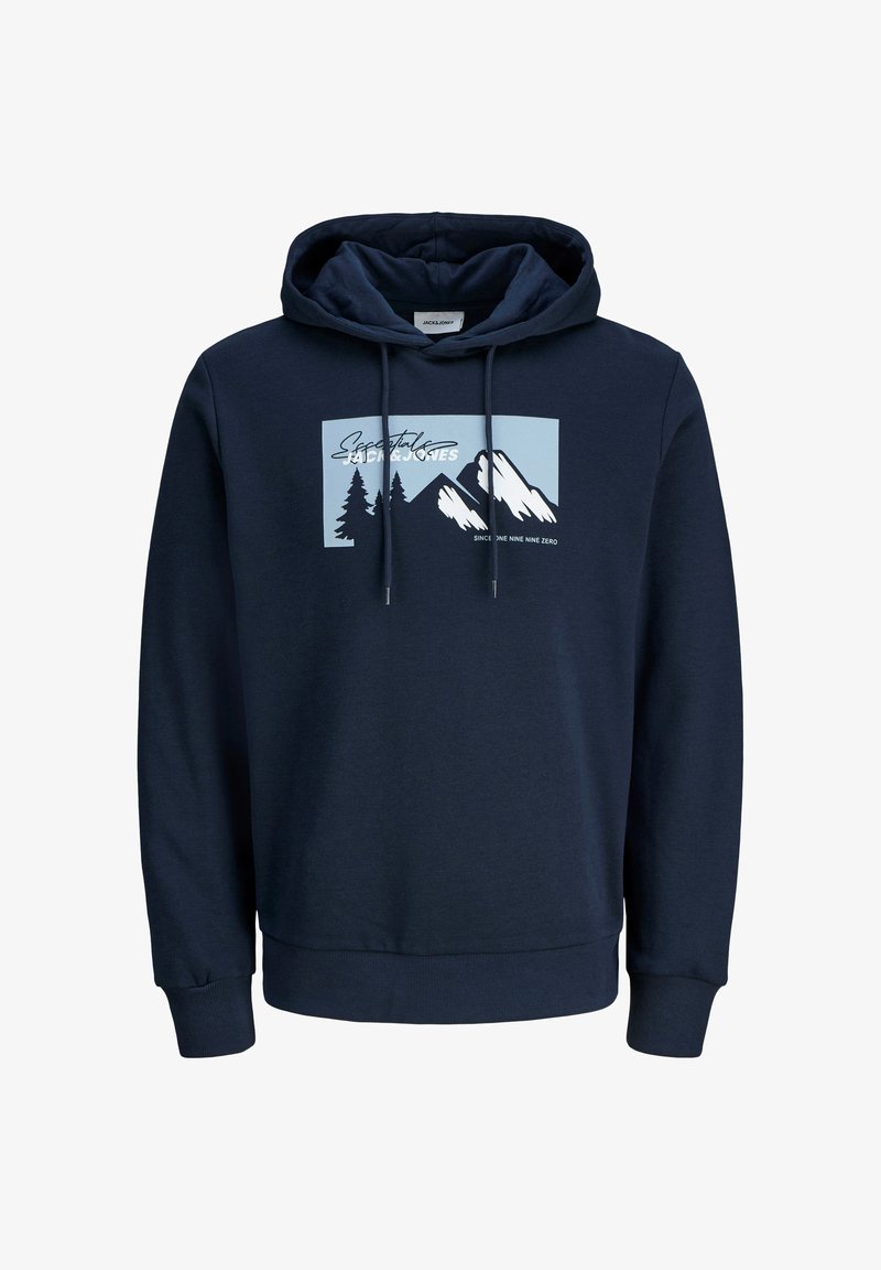 Sudadera azul marino con un gráfico frontal que presenta montañas y árboles, cordones y puños y dobladillo acanalados. Fabricada con un tejido suave y texturizado.
