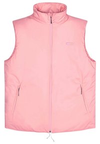 Rosa vadderad väst med hög krage, framdragkedja och två sidofickor med dragkedjestängning. Slät textur och oversized passform.