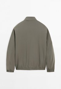 Olive green bomber jacket with elastic cuffs and hem, high collar, shown from back on white background.