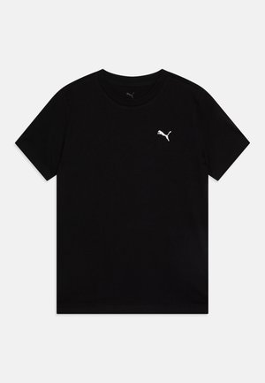 Černé bavlněné tričko s krátkými rukávy a kulatým výstřihem. Na horním levém prsu je malé bílé logo Puma. Jednoduchý design.