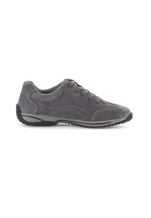 Grey suede sneakers with a low profile, round toe, lace-up design, contrasting stitching, and textured rubber sole for grip.