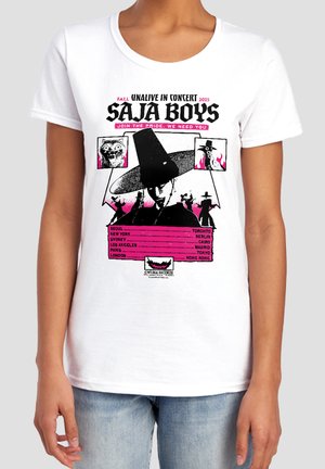 White t-shirt with black and pink graphic of a person in a large hat, cartoon faces, and a list of city names for a 2025 concert.