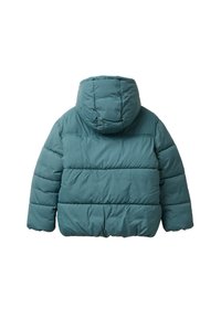 Turkusowa kurtka puchowa z kapturem, z poziomym pikowaniem, puszystą teksturą i elastycznymi mankietami. Widok z tyłu, brak widocznych logotypów.