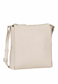 Beige leather crossbody bag with a smooth texture, rectangular shape, zip closure, and adjustable strap. Features subtle embossed logo detail.
