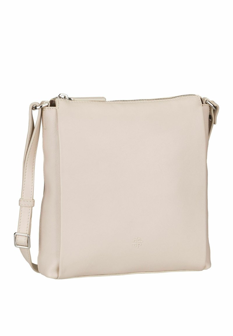 Beige leather crossbody bag with a smooth texture, rectangular shape, zip closure, and adjustable strap. Features subtle embossed logo detail.