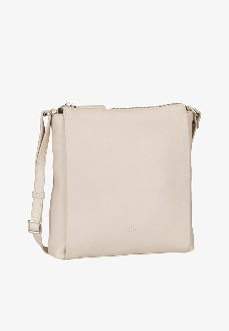 Beige leather crossbody bag with a smooth texture, rectangular shape, zip closure, and adjustable strap. Features subtle embossed logo detail.
