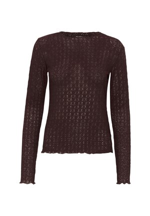 Svetr s dlouhým rukávem, tmavě burgundské pleteniny s texturovaným, otevřeným vzorem a zvlněným lemem. Kulatý výstřih a přiléhavý střih.