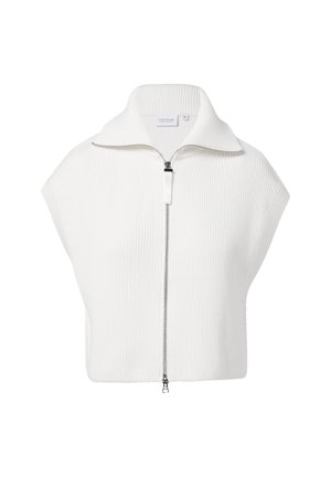 White ribbed zip-up sweater with a high collar and short sleeves, featuring a contrasting zipper and a textured fabric.