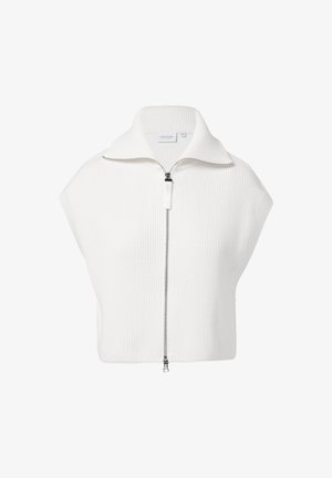 White ribbed zip-up sweater with a high collar and short sleeves, featuring a contrasting zipper and a textured fabric.
