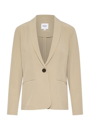 Béžový blazer vyrobený z hladké tkaniny, s klopovým límcem, uzavíráním na jeden knoflík, dvěma předními kapsami a dobře padnoucím střihem.