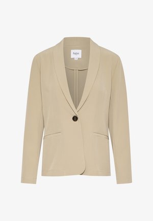 Smėlio spalvos švarkas, pagamintas iš lygaus audinio, su įpjovimu ant apykaklės, vieno mygtuko užsegimu, dviem priekinėmis kišenėmis ir pritaikytu siluetu.