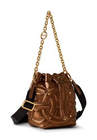 Bronze metallic bucket bag with quilted design, gold chain strap, drawstring closure, and black fabric accent strap. Gold hardware details.