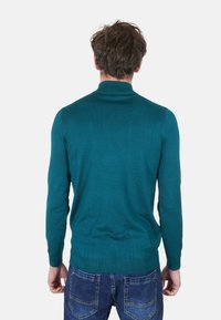 Maglione lavorato a maglia color verde petrolio con collo alto, maniche aderenti e orlo a coste. Indossato con jeans in denim, mostra una trama liscia. Vista posteriore.