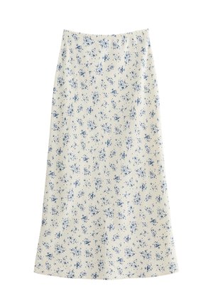 Blommig A-linje kjol i krämfärg, med ett spritt blått blommönster, slät textur och ett figursytt midjeband för en klassisk silhuett.