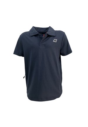 Polo a maniche corte blu navy con colletto, apertura a due bottoni e piccolo logo bianco sul petto a sinistra.