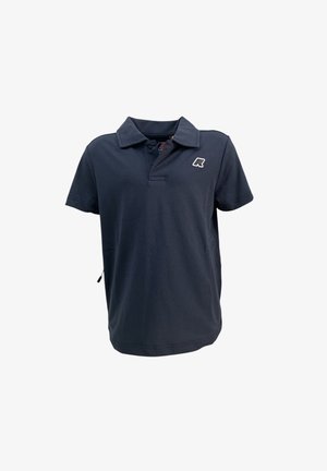 Polo a maniche corte blu navy con colletto, apertura a due bottoni e piccolo logo bianco sul petto a sinistra.