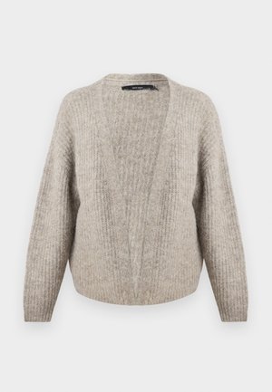 Beige ull kardigan med dyp V-hals, ribbet tekstur, vide ermer og en kort avslutning. Mykt, varmt materiale med et subtilt mønster.