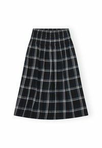 Čierno-biely kockovaný sukňa s elastickým pásom, dĺžky po kolená, s rozšíreným strihom a jemnou textúrou látky.