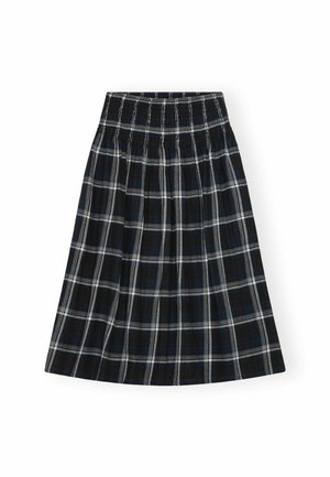Black and white plaid skirt with a smocked waistband, knee-length, featuring a flared design and soft fabric texture.
