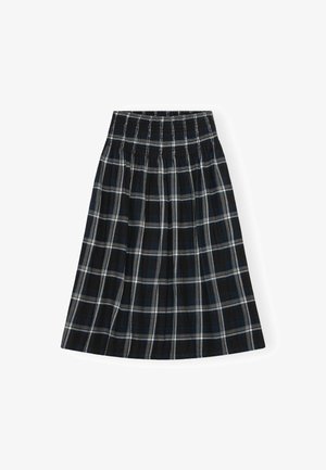 Gonna a quadri bianco e nero con vita arricciata, lunghezza al ginocchio, caratterizzata da un design svasato e texture di tessuto morbido.