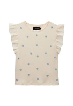 Haut crème à manches courtes avec manches volantées et petits imprimés marguerites bleues et jaunes, doté d'un col rond et d'une texture côtelée.