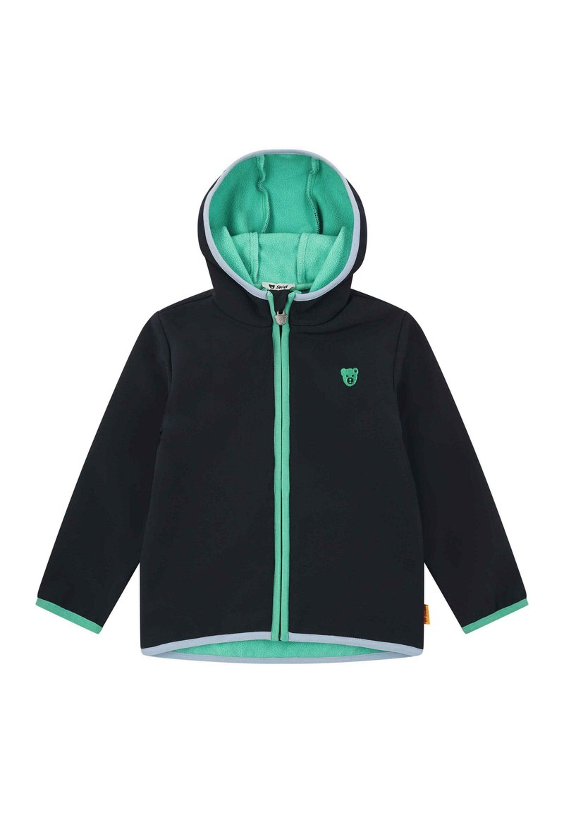 Giacca nera con un rivestimento in pile color teal, un cappuccio e una zip frontale. Presenta un piccolo logo di orso e bordi a contrasto sui polsini e sull'orlo.