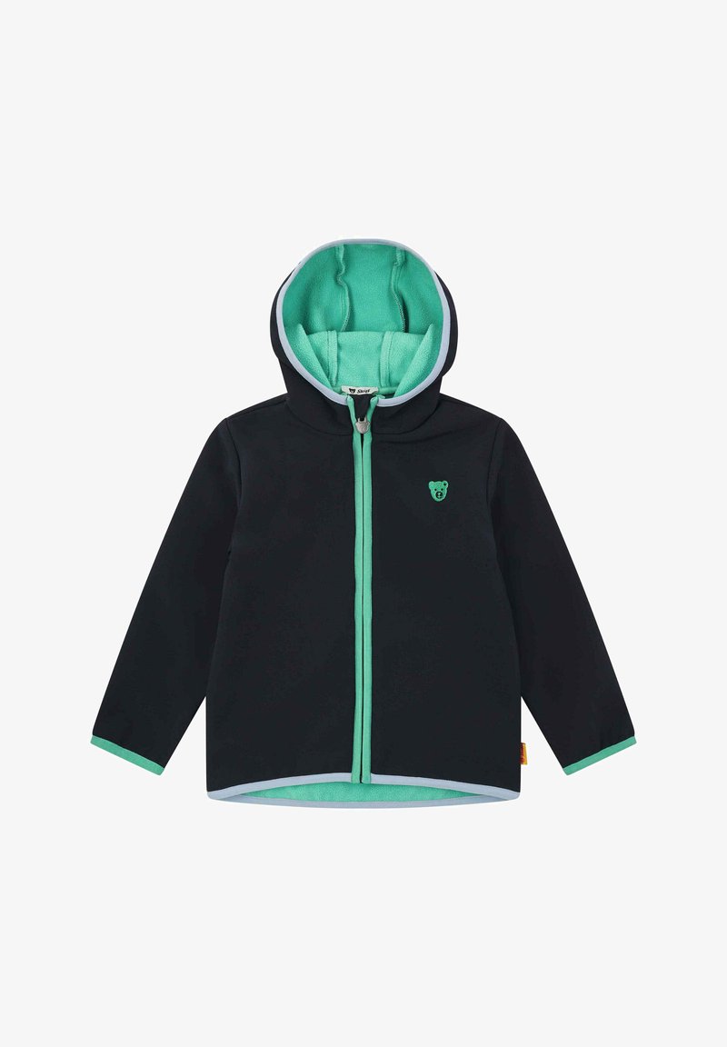 Schwarze Jacke mit einem türkisfarbenen Fleece-Futter, einer Kapuze und einem Frontreißverschluss. Auf der Jacke befindet sich ein kleines Bärenlogo sowie kontrastierende Abschlüsse an den Bündchen und dem Saum.