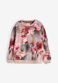 Bloemen sweatshirt van lichtgewicht stof. Beschikt over een roze achtergrond met kleurrijke bloemenprints, ronde halslijn en lange mouwen.
