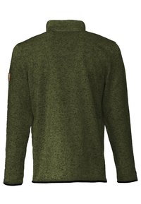Fleece-Pullover in Dunkelgrün mit strukturiertem Finish, hohem Kragen, langen Ärmeln und kontrastierendem schwarzen Saum. Verfügt über ein kleines Logo am Ärmel.