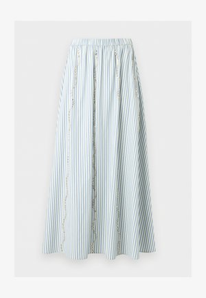 Φούστα μέτριου μήκους με κάθετες ρίγες σε ανοιχτό μπλε και λευκό χρώμα, ελαστική μέση και διακοσμητικά κάθετα μοτίβα με χάντρες.