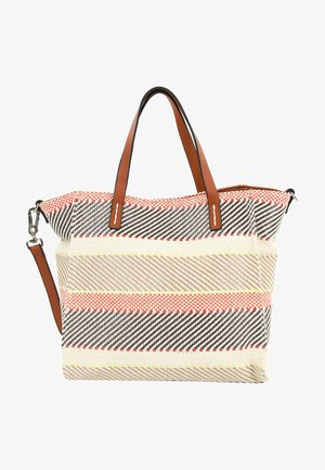 Nákupní taška s tkanou látkou s pruhy v červené, žluté a hnědé barvě; hnědé kožené rukojeti; uzávěr na zip.
