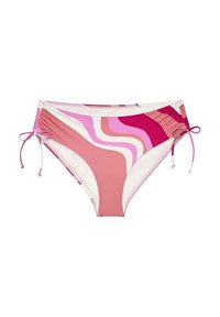 Szukane majtki kąpielowe w kolorze różowym, białym i fioletowym z falistymi wzorami, z wiązaniem po bokach oraz marszczonym materiałem w okolicy bioder.