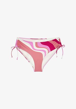 Szukane majtki kąpielowe w kolorze różowym, białym i fioletowym z falistymi wzorami, z wiązaniem po bokach oraz marszczonym materiałem w okolicy bioder.