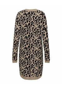 Robe en tricot beige longue avec un motif léopard noir, à manches longues et col arrondi, vue de dos.
