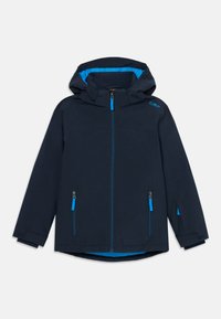 Marineblau wasserdichte Jacke mit blauer Innenseite, zwei mit Reißverschluss versehenen Fronttaschen, hohem Kragen, verstellbarem Kapuze und blauen Akzentdetails an den Reißverschlüssen.