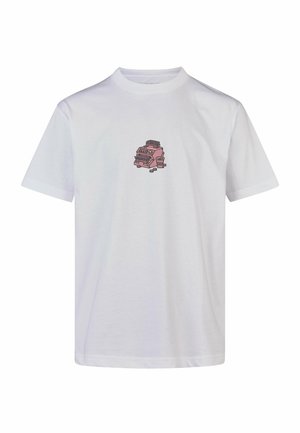 White cotton t-shirt with short sleeves and a crew neck, featuring a small pink graphic of a vintage cash register on the front.