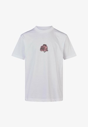 White cotton t-shirt with short sleeves and a crew neck, featuring a small pink graphic of a vintage cash register on the front.