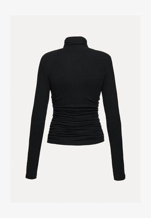 Must pikkade varrukatega kõrge kaelusega topp, millel on keha järgiv lõige ja vöökoha ümber kogutud detailid. Valmistatud soonikkoelise kangast.