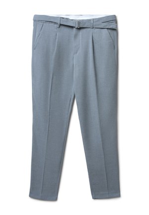 Pantalon sur mesure gris clair avec une texture lisse, présentant des poches avant et une passante de ceinture. Le design comprend un devant plat avec des plis.