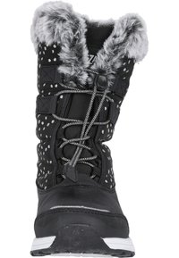 Sort vinterstøvle med hvide prikket, faux fur kant øverst, fleksible snørebånd og en polstret sål. Tekstiler designet til greb og varme.